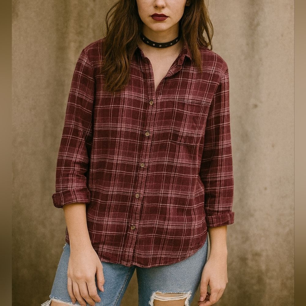 Sonoma Burgundy Plaid Flannel Shirt XL Cotton Fall Layering Essential Grunge